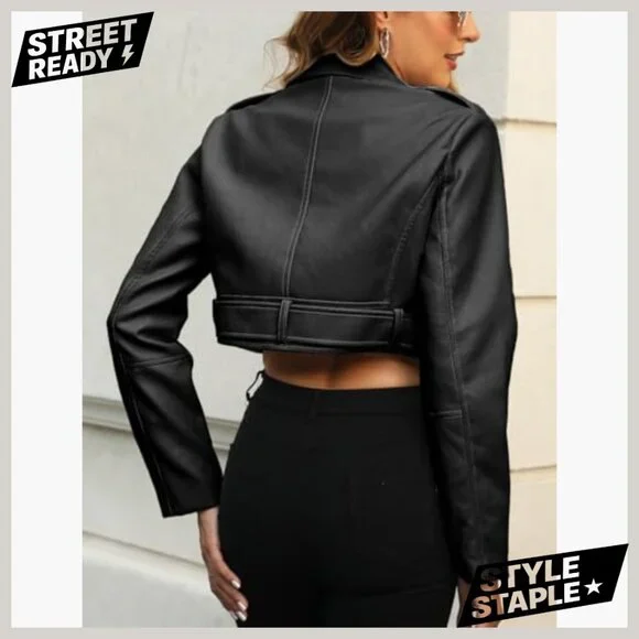 Cropped Faux Leather Jacket Bomber Zip Up Moto Coat with Pockets - Picture 5 of 6